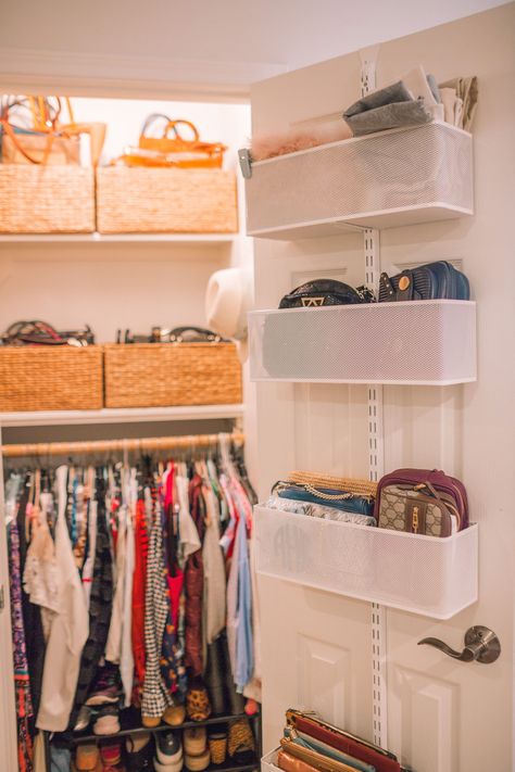 home office | closet organization | before and after | Eco Modern Concierge Houston | Elfa door storage units | organized closet | handbag organization | shoe organization | wall hooks | storage systems | small closet organization | Adored by Alex Small Room Closet Organization, One Door Closet Organization, Small Office Closet, Small Closet Shoe Storage, Closet Space Saving Ideas, Office Storage Closet, Storage Closet Organization Ideas, Small Closet Storage Ideas, Closet Organization Ideas Small Bedrooms