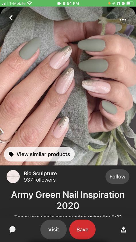 Leaf Gel Nails, Sage Green Shellac Nails, Army Green And Pink Nails, Khaki Nail Designs, Green And Beige Nails, Army Green Nails, Khaki Nails, Olive Nails, Taupe Nails