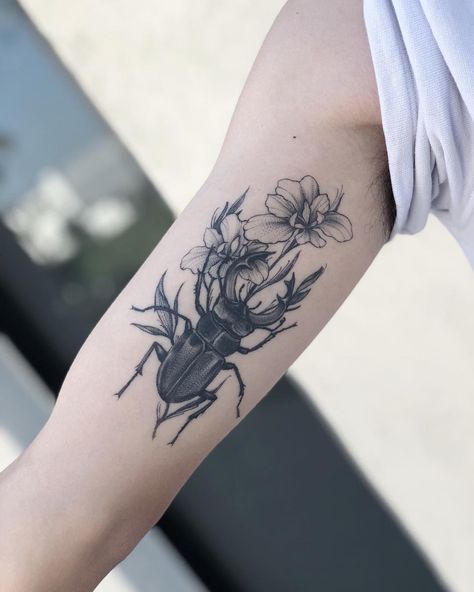 Healed boyz  #beetletattoo  @eddiexbird on insta Flower With Bugs Tattoo, Beetle And Flower Tattoo, Bug Flower Tattoo, Entomology Tattoo, Stag Beetle Tattoo, Beetle Tattoo Design, Wasp Tattoo, Beetle Tattoo, Tattoo 2024