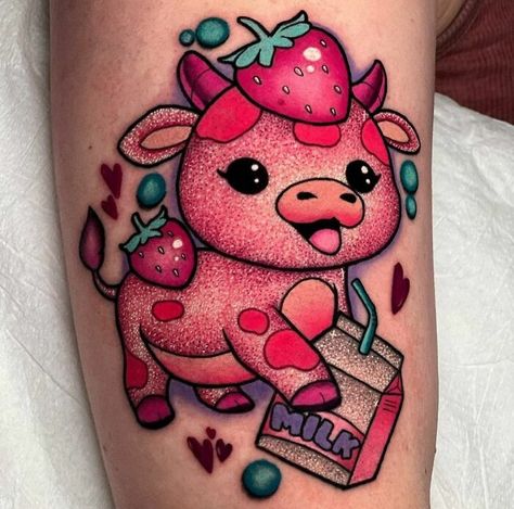 Strawberry Cow Tattoo, Cow Tattoo Design, Cow Tattoo, Flash Ideas, Tattoos Mandala, Wild Tattoo, Retro Tattoos, Handpoke Tattoo, Kawaii Tattoo