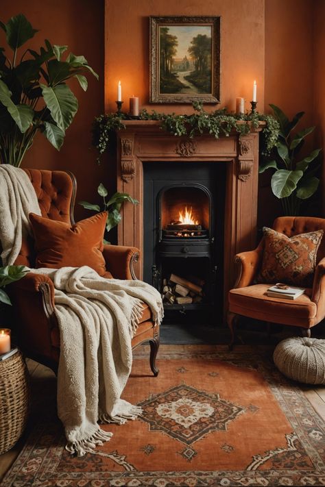 20 Boho Bedroom Ideas With a Fireplace – ToolzView Cosy Apartment Ideas, Brown Home Aesthetic, Living Room Designs Fireplace, Vintage Cottage Living Room, Colorful Fireplace, Boho Fireplace, Fireplace Cottage, Fireplace Chairs, Bedroom Fireplace Ideas