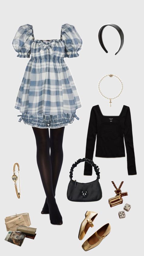 Coquette-inspired outfit featuring a blue and white plaid babydoll dress with puff sleeves, paired with black tights. The look is accessorized with a black headband, a pearl necklace with a cross pendant, and a black ruffled handbag. Golden Mary Jane flats complete the ensemble. Additional aesthetic elements include a black square-neck long-sleeve top, a gold wristwatch, vintage books, dice, and a perfume bottle for a whimsical, vintage charm. Babydoll Dress Aesthetic, Mary Jane Aesthetic, Mary Janes Aesthetic, Jane Aesthetic, Babydoll Top Outfit, Plaid Babydoll Dress, Long Sleeve Top Outfit, Wristwatch Vintage, Gold Ballet Flats