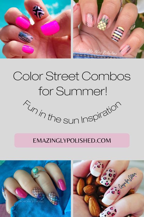 Color Street Combos for Summer 2021 Color Street Manicures, Color Street Nail Design Ideas, Color Street Summer Combos 2024, Summer Nails Color Street, Color Street Inspiration, Colorstreet Mani Ideas, Color Street Nail Ideas, Color Street Beach Nails Combos, Nail Color Combos Summer