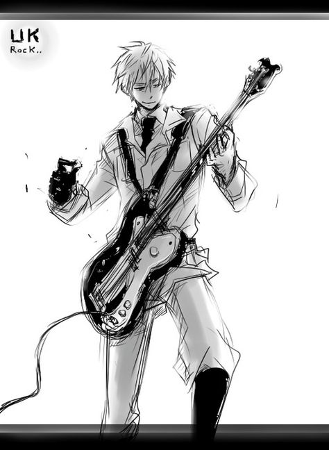 UK rock! Anime Guy With Guitar, Guy With Guitar Drawing, Anime Playing Guitar, Guy Playing Guitar Drawing, Manga Guitar, Playing Guitar Drawing, Guitar Sketch, Arthur Kirkland, Base Anime