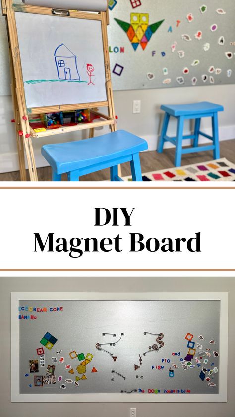 Magnet Wall Ideas, Magnet Board Kids, Metal Magnet Board, Grandkids Playroom, Diy Magnet Board, Magnet Wall, Play Wall, Diy Paint Projects, Diy Magnets