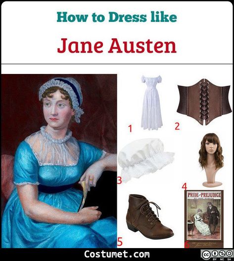 Jane Austen's costume is wearing 18th-century dress with a stay or stomacher, a peasant bonnet, and dark shoes. Her brunette hair is tied to a bun updo.           #Female #icon #female #author #JaneAusten Jane Austen Costume, Dark Shoes, Female Icon, Jane Austen Inspired, 18th Century Dress, Jane Austin, Bun Updo, Jane Austen Books, Costume For Halloween