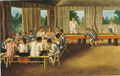 Juegos de villar y panguingue de los indios . Locals playing billards and panguingue, an old card game. Perya Filipino, Old Filipino Aesthetic, 19th Century Philippines, Beautiful Scenario, Philippine Culture, Philippine History, Barong Tagalog, Jungle Resort, Filipino Art