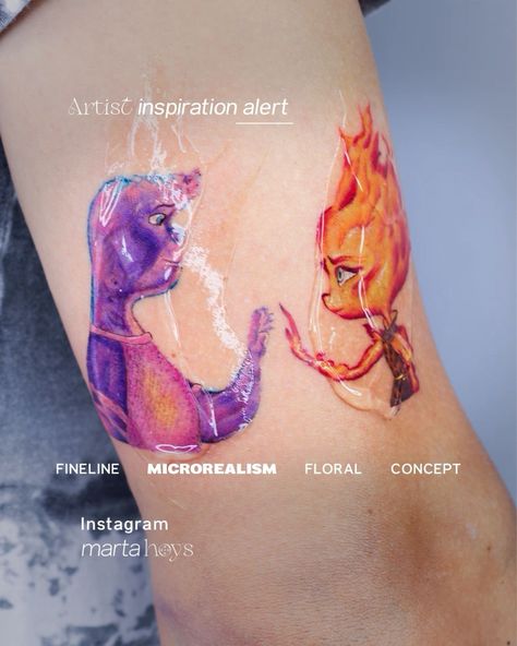 Elemental Tattoo Ideas Pixar, Elemental Tattoo Pixar, Inside Out Tattoo Disney, Pixar Tattoo Ideas, Pixar Tattoos, Elemental Character, Couples Tattoos, Magic Runes, Movie Tattoo