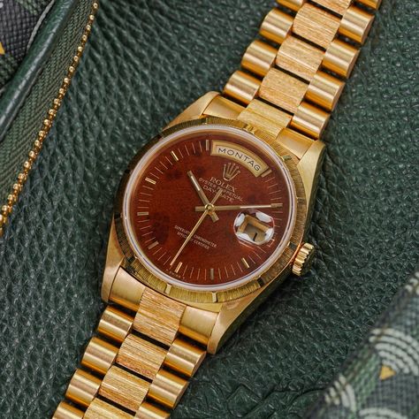 Rolex Day-Date 18248 'Burl Wood' - Amsterdam Vintage Watches Amsterdam Vintage, Rolex Vintage, Tree Bark Texture, 2024 Goals, Rolex Models, Burl Wood, Mens Fashion Streetwear, Vintage Rolex, Wood Case