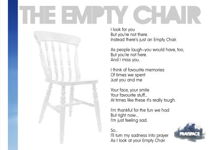 The Empty Chair info panel The Empty Chair Poem, Empty Chair Poem, Poems About Missing Someone, Class Reunion Planning, The Empty Chair, Class Reunion Decorations, Simple Poems, Memory Ideas, Reunion Decorations