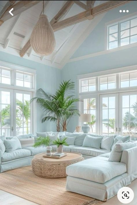 Coastal Beach House Living Room, Blue Sunroom, Modern Coastal Living Room Ideas, Coastal Living Room Ideas, Bungalow Living Room, Modern Coastal Living Room, 2024 Beach, Pale Blue Walls, Living Space Ideas