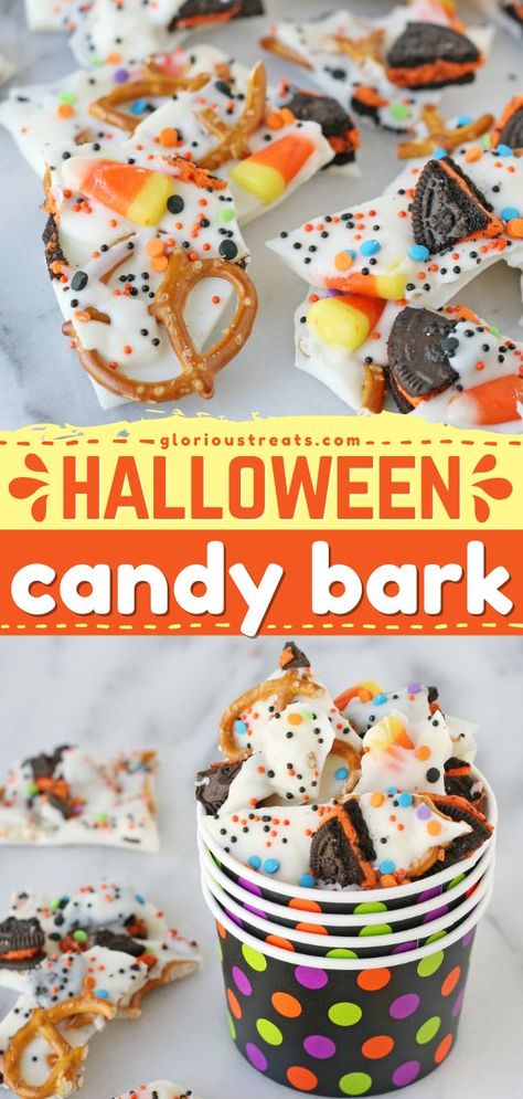 Halloween Candy Bark, halloween treats, desserts Halloween Almond Bark, Boo Bark Recipe, Adult Halloween Treats To Hand Out, Halloween Brittle, Halloween Candy Easy, Halloween Bark Candy, Halloween Munchies, Halloween Candy Bark Recipes, Easy Halloween Treats To Make