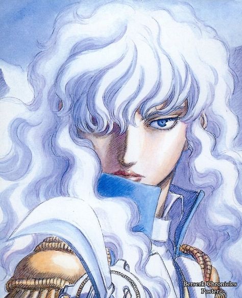 Griffith from Berserk, by Kentarou Miura. White Hair, Hair, Anime, Blue, White, Art