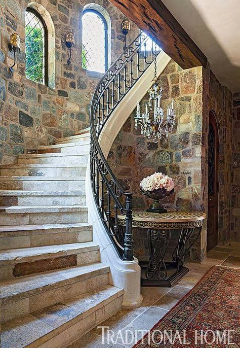 Classic Foyer, سلالم حلزونية, Stone Staircase, درج السلم, Staircase Railing Design, Tuscan Design, Tuscan House, Staircase Railings, Railing Design