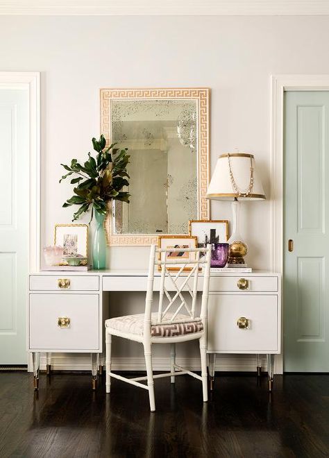 Anthropologie Lacquered Regency Desk with White Bamboo Chair - Transitional - Bedroom Wallpaper Transitional, French Blue Chairs, Regency Desk, White Slipcovered Chair, Light Wood Chairs, Dark Stained Wood Floors, White Lacquer Desk, Melanie Turner Interiors, French Bathroom