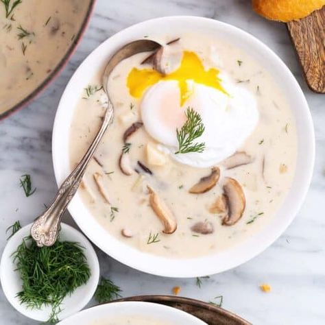 Kulajda (Czech Mushroom Soup Recipe) - An Edible Mosaic™ Mushroom Potato Soup, Soup With Potatoes, Czech Food, How To Make A Poached Egg, Mushroom Soup Recipe, Mushroom Soup Recipes, European Recipes, Czech Recipes, Dried Mushrooms