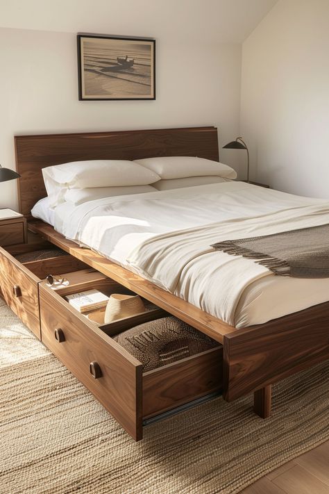 Mid-Century Modern Bed with Storage Ideas - Quiet Minimal Simple Bed Frames With Storage, Wooden Bed Frame Full, Bedbase With Storage, Simple Storage Bed Design, Bedroom Save Space Ideas, Space Saving Bed Frame, Simple Room Furniture, Bedframe Ideas Storage, Bed Frame Decorating Ideas