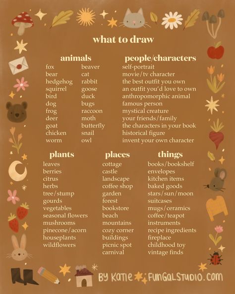 Drawing Prompts For Art Block, Cottage Core Drawing Prompts, Art Concepts Ideas Inspiration, Autumn Art Prompts, Art Prompt Challenge, Art Block Prompts, Fall Drawing Challenge, Roll For Inspiration Drawing, Drawing Idea List