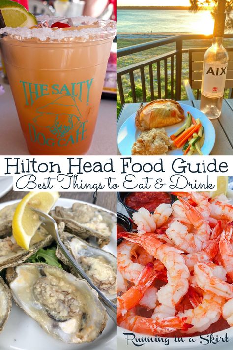 Best Hilton Head Restaurants - Hilton Head Island SC Food Guide including the best things to eat & drink! Includes options for dinners, best seafood, best cocktails, best sunset meals, best places to eat on the beach, local's favorites, and hidden gems. Includes The Salty Dog, Skull Creek Boat House, Red Fish, Hudson's, and Charlies! Written by a lifelong island visitor to this South Carolina island. / Running in a Skirt #hiltonhead #sc #ustravel #travelblogger #sctravel #foodietravel Charleston South Carolina Food, Charleston South Carolina Beaches, South Carolina Aesthetic, South Carolina Food, Carolina Aesthetic, Salty Dog Cafe, Folly Beach South Carolina, Hilton Head Beach, Carolina Homes