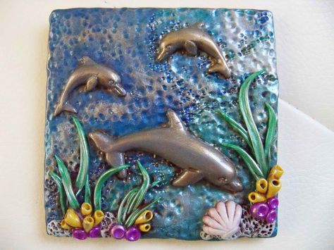 4x4 square polymer clay tile "Ocean Collection"  (white ceramic tile underlay) created by ShooShoo Jewelry Clay Relief Tiles Landscape, Clay Tiles Designs, Ocean Collection, White Ceramic Tiles, Coral Art, Tile Crafts, Clay Wall, Clay Vase, Clay Tiles