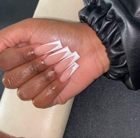 French V Tip Nails, French Acrylic Nails With Rhinestones, Long French Tip Nails Coffin, Simple Long Nail Designs, V Shaped French Tip Nails, V Cut French Tip Nails, French Tip Long Nails, French Tip Nails Long, Initial Acrylic