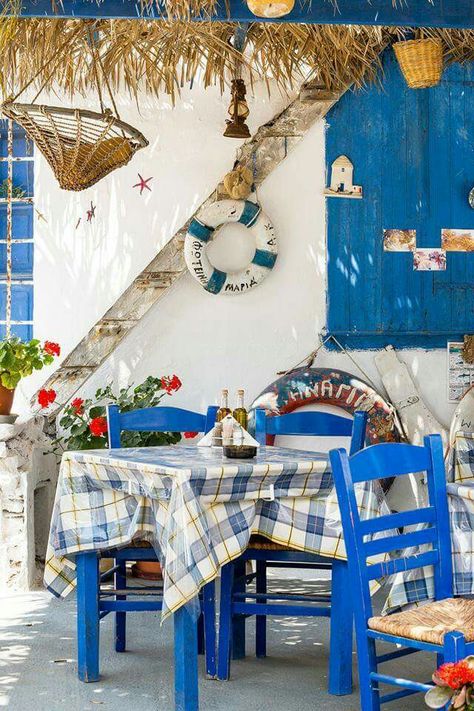 Greek taverna Greek Taverna Decor, Greek Decor Outdoor, Greece Party, Greek Taverna, Greek Garden, Greek Paintings, Greek Decor, Karpathos, Greek Restaurants