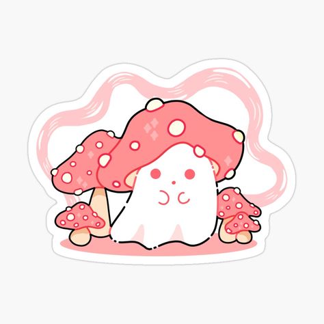 A chubby ghost wearing an amanita mushroom hat surrounded by other little mushrooms and pink fog Mushroom Ghost, Mushroom Costume, Amanita Mushroom, Aesthetic Objects, Mushroom Hat, A Ghost, Cute Ghost, Science Fiction, Sticker Design