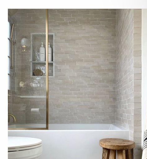 Neutral Shower Tile, Tan Tile, Neutral Shower, Subway Tiles, Bathroom Reno, Bathroom Inspiration Decor, Girls Bathroom, Bathroom Renos, Tile Shower