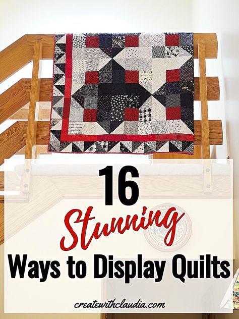 https://www.createwithclaudia.com/2019/07/stunning-ways-to-display-quilts/ Small Quilt Display Ideas, Display Old Quilts Ideas, Decorating With Old Quilts, Displaying Vintage Quilts, How To Display Old Quilts, Hang Quilt On Wall Ideas, Display Quilts On Wall, How To Display A Quilt, Vintage Quilt Display Ideas