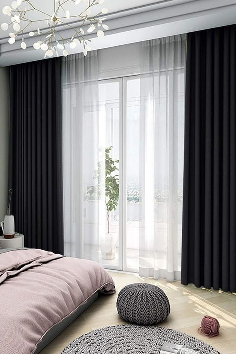 luxury bedroom design Black Out Curtains Bedroom Ideas, Black And Grey Curtains, Black Curtains Living Room, Black Curtains Bedroom, White Curtains Living Room, White Curtains Bedroom, Beautiful Bed Designs, Blackout Curtains Bedroom, Dark Curtains