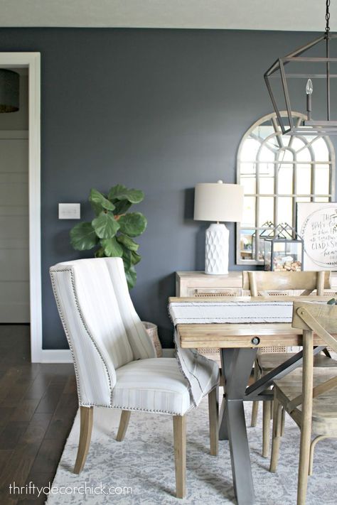 Dark Blue Grey Dining Room, Gray Painted Dining Room Furniture, Blue Gray Interior Design Living Room, Gray And Blue Dinning Room, Blue Gray Dining Room Walls, Gray Wall Dining Room, Slate Tile Sherwin Williams Dining Room, Blue Grey Dining Room, Dark Gray Dining Room Walls