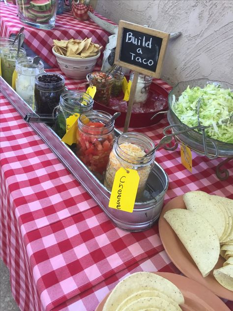 Taco Bar, I used mason jars in a trough filled with ice. Outdoor Party Foods, Taco Bar Party, Outdoor Graduation Parties, Nacho Bar, Party Food Buffet, Taco Party, Taco Bar, Taco Night, Party Bars