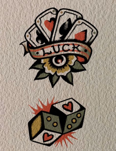 Gambling Machine Tattoo, Good Luck Tattoo Traditional, Craps Tattoo, Dice American Traditional Tattoo, Blackjack Tattoo Ideas, Hard To Kill Tattoo, Traditional 13 Tattoo, Black Jack Tattoo Playing Cards, American Traditional Band Tattoo