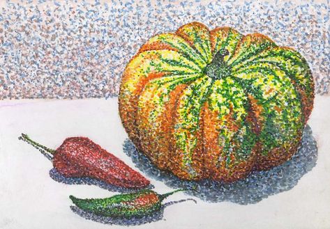 Pointilism Pumpkin and Chillies done with Faber ink brushes Ink Brush, Art Projects, Drawings, Art