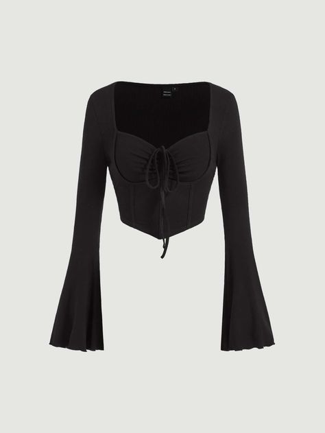 Black Casual Collar Long Sleeve Knitted Fabric Plain  Embellished Slight Stretch  Women Tops, Blouses & Tee Latina Tops, Crop Top Manga Larga, Black Crop Top Outfit, Dr Mundo, Plain Black Top, Jeans Boots Outfit, Tops Bonitos, Tops Manga Larga, Corset Fashion Outfits