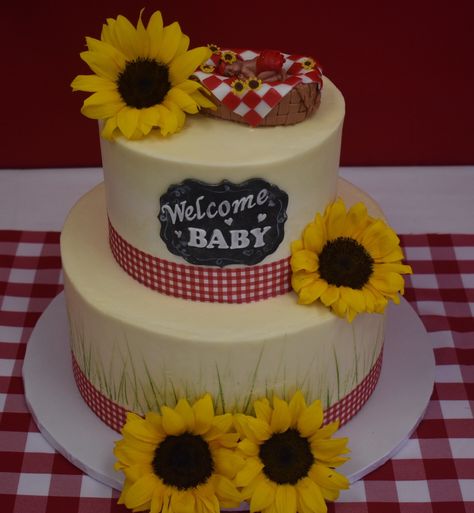 Our daughter's cake for her BaByQ theme shower. #honeycustomcakes Babyque Cake, Baby Q Cake Ideas, Bbq Baby Shower Ideas Girl, Bbq Baby Shower Cake, Bbq Themed Gender Reveal, Baby B Q Shower Bbq Party, Baby Shower Barbeque, Babyque Shower, Babyq Shower