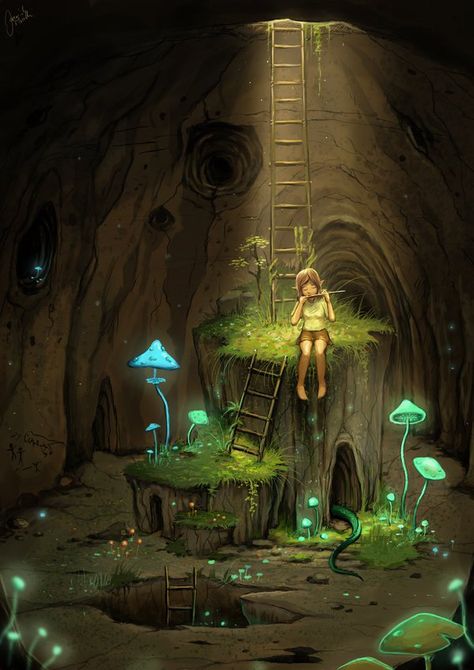 The lizard s lullaby - Digital Art by Jeremiah Morelli  This and so many others by this artist 동화 삽화, Fantasy Places, Tree Stump, 판타지 아트, Fairy Art, Fairy Land, Fairy Houses, Fantasy Artwork, Fantasy Landscape