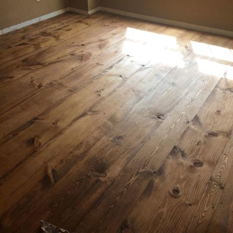 Pine plank floors stained with Minwax Early American. Early American Stain On Pine, Minwax Early American, Minwax Wood Stain, Bedroom Wood Floor, Floor Stain Colors, Wood Floor Stain Colors, Pine Wood Flooring, Diy Wood Stain, Pine Flooring