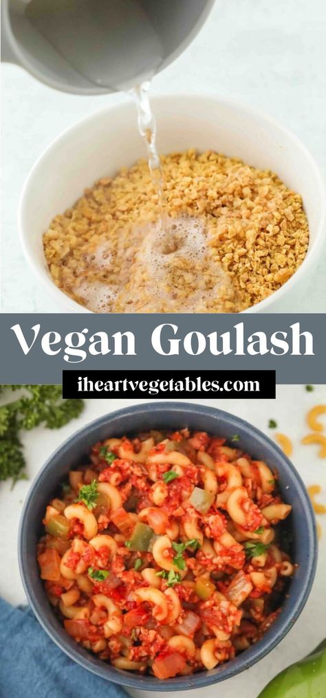 This vegan version of American goulash is made with macaroni in a savory tomato sauce with TVP instead of ground beef. Your whole family will love this easy comfort food recipe! Vegan Goulash Recipes, Tvp Recipes Vegan, Vegan Goulash, Tvp Recipes, American Goulash, Pasta Types, Goulash Recipes, Chop Suey, Vegetarian Recipe