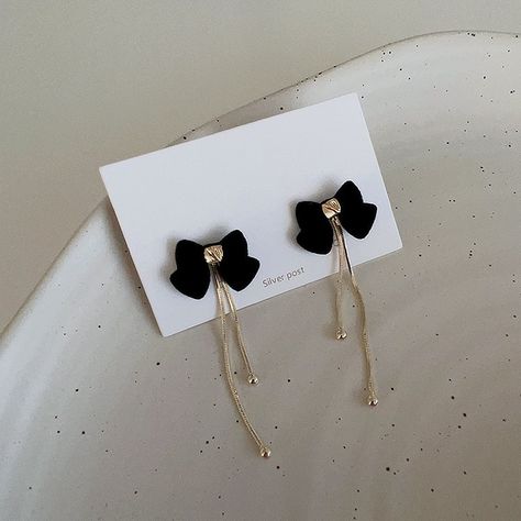 Cute black bow ribbon earrrings, Handmade 2-Way black velvet bow earrings, Small black bow knot earrings, Elegant gold tassel earrings, Gift by WithHerNYC on Etsy Balletcore Black, Handwritten Gifts, Gold Tassel Earrings, Black Velvet Bow, Bow Ribbon, Beautiful Gift Wrapping, Silver Bow, Bow Knot, Earrings Elegant