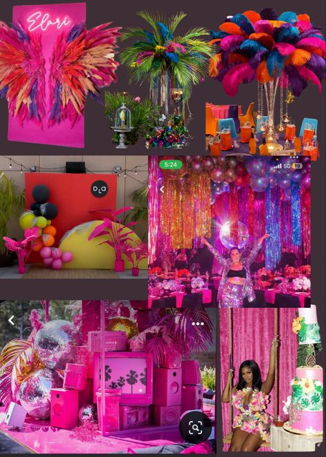 Neon 21st Party Birthday Ideas, Rio De Janeiro Birthday Party Ideas, Miami Theme Birthday Party, Carnival Festival Decorations, Paradise Prom Theme, Miami Vice Theme Party Decor, Carribean Carnival Theme Party, Tropical Disco Party Decor, Rio Prom Theme