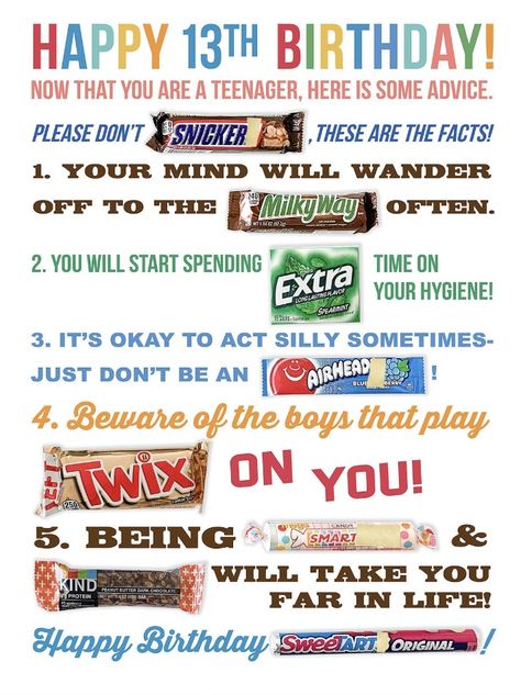 13th Birthday Ideas, Birthday Candy Poster, Candy Birthday Cards, Candy Grams, 13 Birthday, Candy Poster, 13th Birthday Gifts, Candy Birthday, Happy 13th Birthday