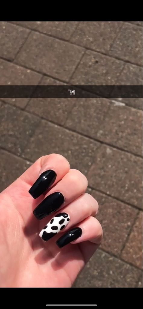 Black Cow Nails Acrylic, Black Nails Cow Print, Black Nails With Cow Print, Cow Print Nails Black, Black Cow Print Nails, Cow Print Acrylic Nails, Country Acrylic Nails, Cow Print Nails, Cherry Nail Art