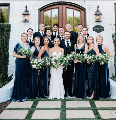 Navy Blue Velvet Bridesmaids, Blue Velvet Winter Wedding, December Wedding Navy Blue, Dark Teal Bridal Party, January Bridesmaids, Dark Blue And Green Bridesmaid Dresses, Velvet Blue Bridesmaid Dresses, Dark Blue Wedding Theme Bridesmaid Dress, Winter Navy Wedding