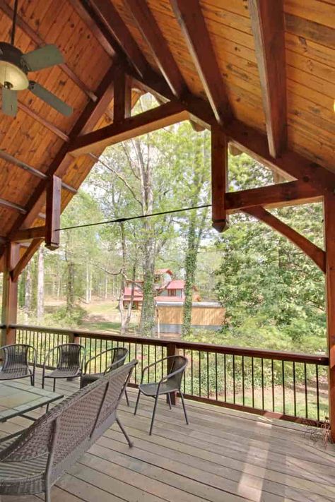 White pine hammer beam truss in porch timber frame Hybrid Timber Frame Homes, Montana Living, Oak Staircase, Large Porch, Timber Truss, Porch Design Ideas, Timber Frame Home, Timber Frame House, Porch Sitting