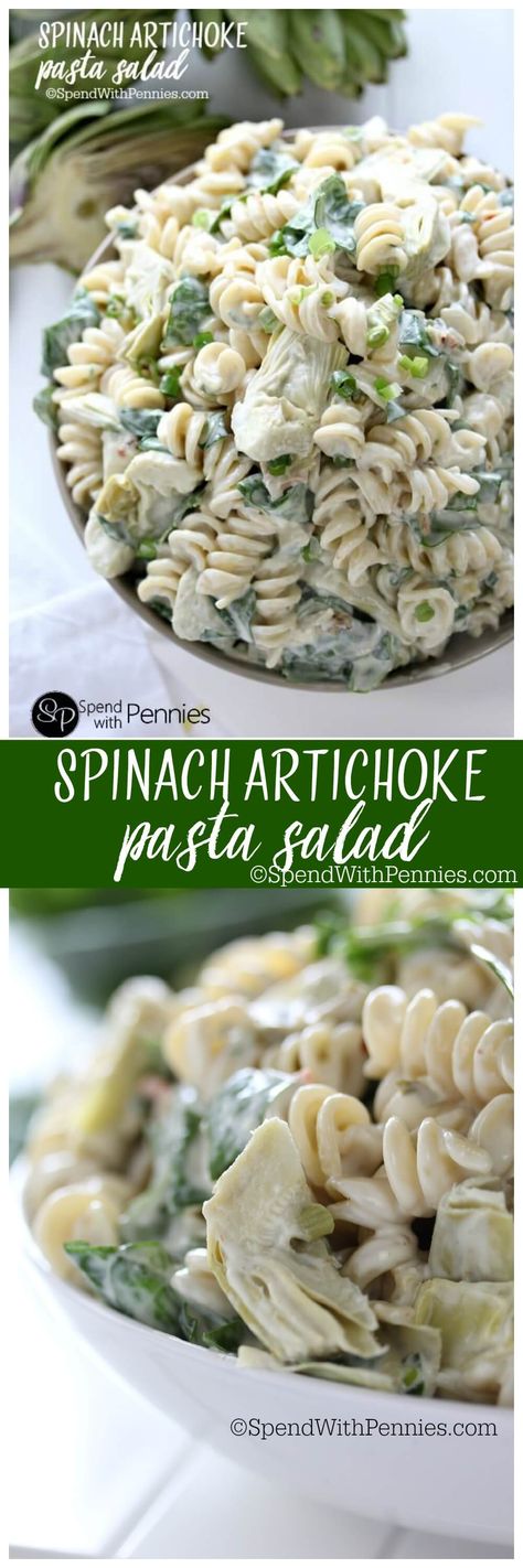 Spinach Artichoke Pasta Salad!  If you like spinach dip, you'll LOVE this delicious pasta salad!  An easy spinach dip turned into a perfect summer side dish! Vegan Swaps, Easy Spinach Dip, Artichoke Pasta Salad, Delicious Pasta Salad, Spinach Artichoke Pasta, Cold Salads, Artichoke Pasta, Diy Easy Recipes, Summer Side Dish