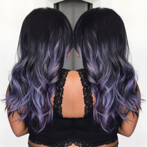 Black Hair With Lilac Money Pieces, Brunette And Lilac Hair, Funky Hair Colors For Brunettes, Black Hair With Light Purple Highlights, Black Hair With Lavender Highlights, Black And Lilac Hair, Black Hair With Purple Ends, Black And Violet Hair, Lavender And Black Hair