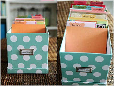 IHeart Organizing: Greetings! Card Organization Card Organization, Greeting Card Organizer, Greeting Card Storage, Craft Organization Diy, Craft Storage Solutions, Craft Paper Storage, Stationary Organization, Diy Storage Boxes, Diy Gift Wrapping