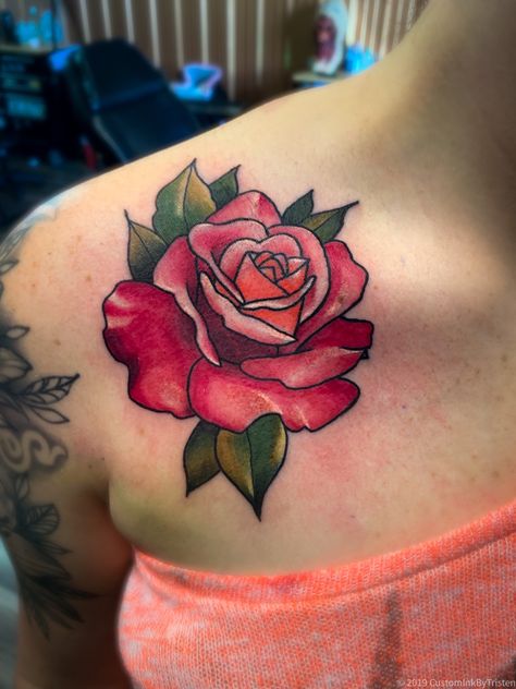 Trad Rose Tattoo, Neo Trad Rose, Trad Rose, Neotraditional Rose, Colorful Rose Tattoos, Rose Tattoo Cover Up, Sketch Rose, Cute Ankle Tattoos, Anniversary Tattoo