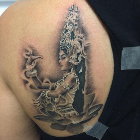 Apsara Tattoo, Cambodian Tattoo, Khmer Tattoo, Arm Tats, Cambodian Art, Silhouette Tattoos, Tasteful Tattoos, Tattoo Set, Lotus Flower Tattoo